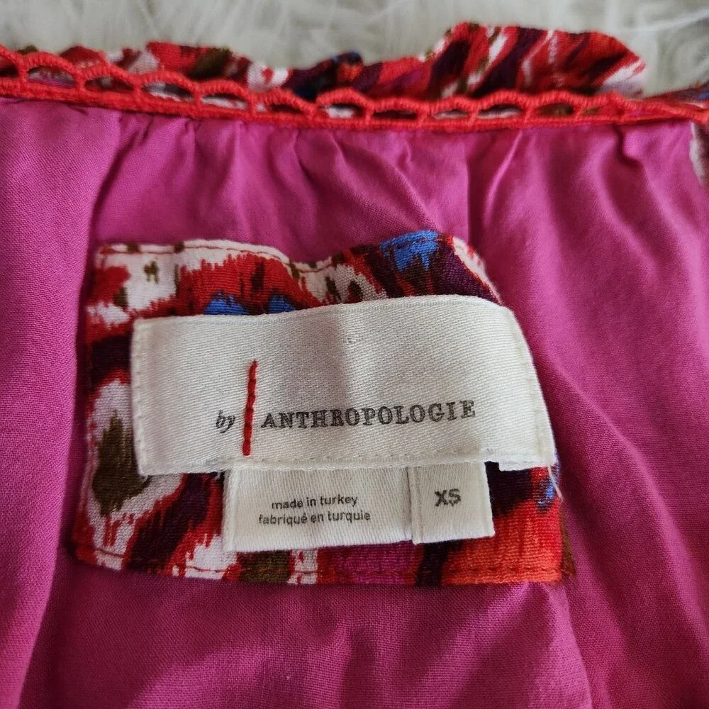 Anthropologie Robin Floral Ruffle Tiered Mini Dress Size XS‎ Oversized Pink Red